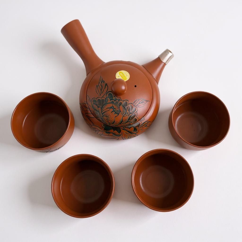 Japanese Clay Tea Set with Floral Engraving – Teapot & 4 Cups